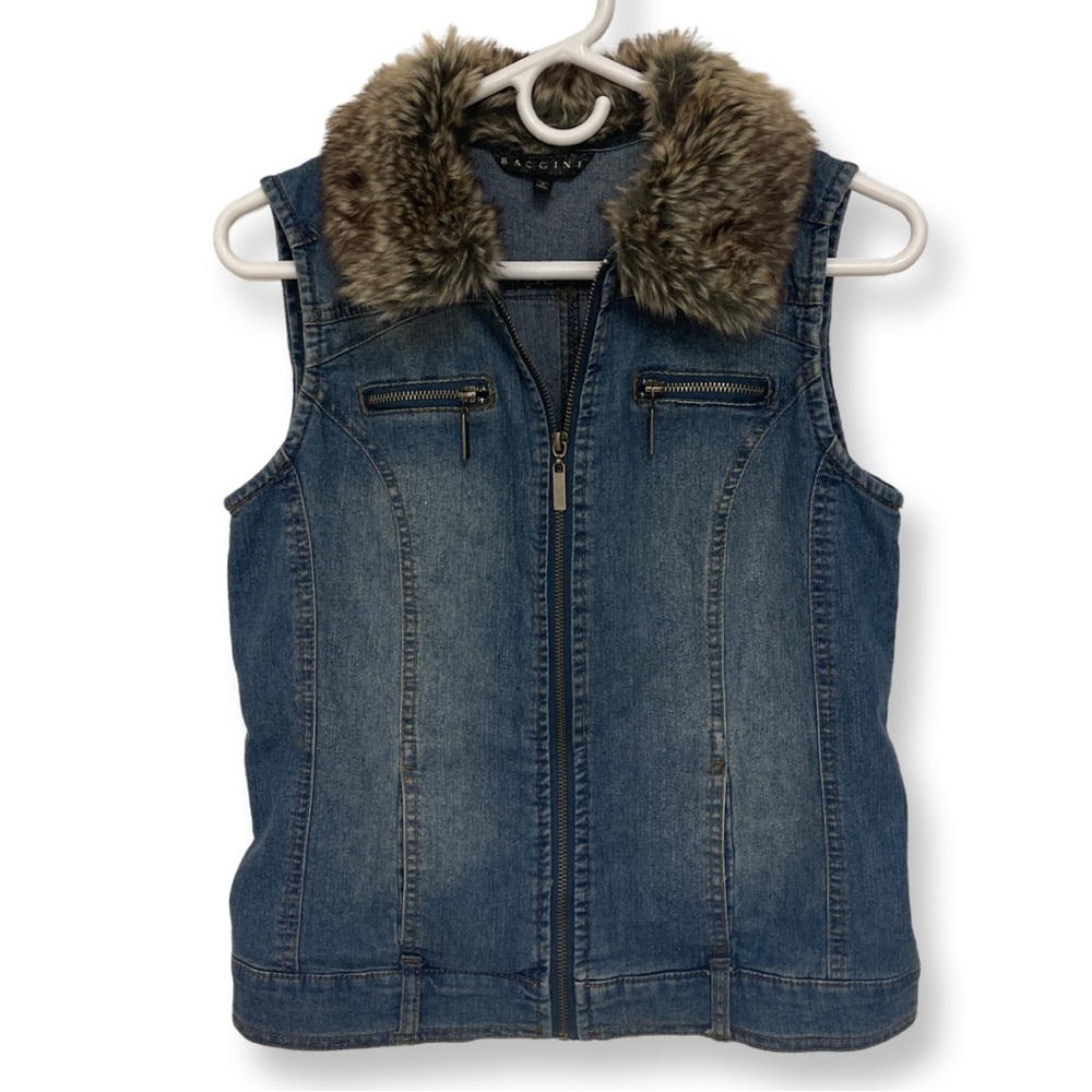 BACCINI Denim Vest With Removable Fur Collar Women’s Small